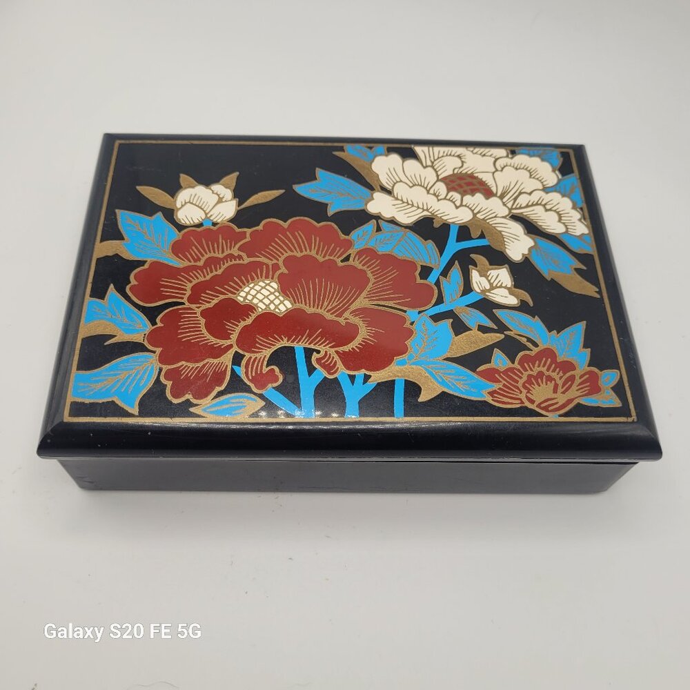 Vintage Japanese Style Hand Painted Flowers Black Plastic Jewelry Box